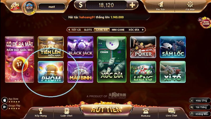 Trải nghiệm game bài Phỏm trên hệ thống Sunwin